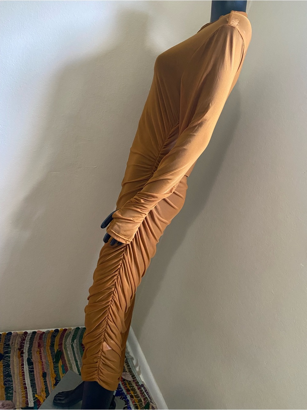 Fashion Nova Free Bird Tan Brown Sheer Long Sleeve Ruched Midi Dress NWTs - Picture 6 of 14